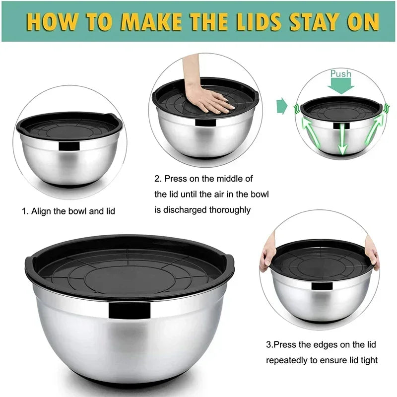 1/6PCS Silicone Bottom Thickened with Lid Cooking Basin Stainless Steel Egg Beating Basin Salad Mixing Basin Kitchen Baking