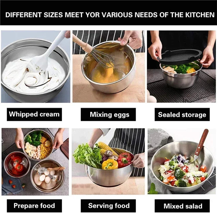 1/6PCS Silicone Bottom Thickened with Lid Cooking Basin Stainless Steel Egg Beating Basin Salad Mixing Basin Kitchen Baking