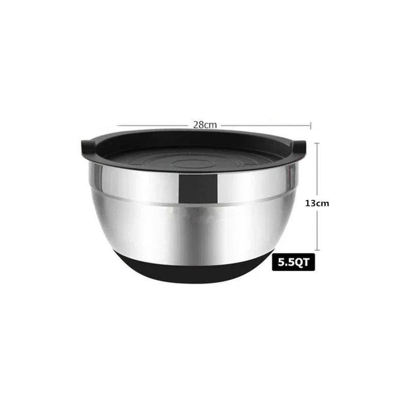 1/6PCS Silicone Bottom Thickened with Lid Cooking Basin Stainless Steel Egg Beating Basin Salad Mixing Basin Kitchen Baking