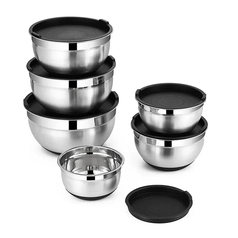 1/6PCS Silicone Bottom Thickened with Lid Cooking Basin Stainless Steel Egg Beating Basin Salad Mixing Basin Kitchen Baking