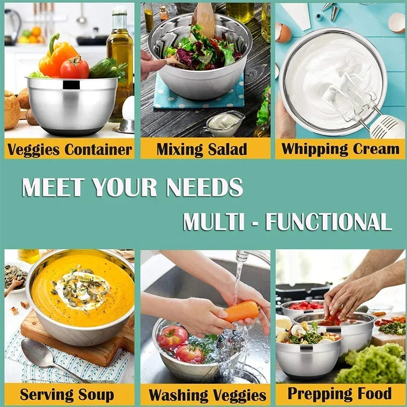 1/6PCS Silicone Bottom Thickened with Lid Cooking Basin Stainless Steel Egg Beating Basin Salad Mixing Basin Kitchen Baking