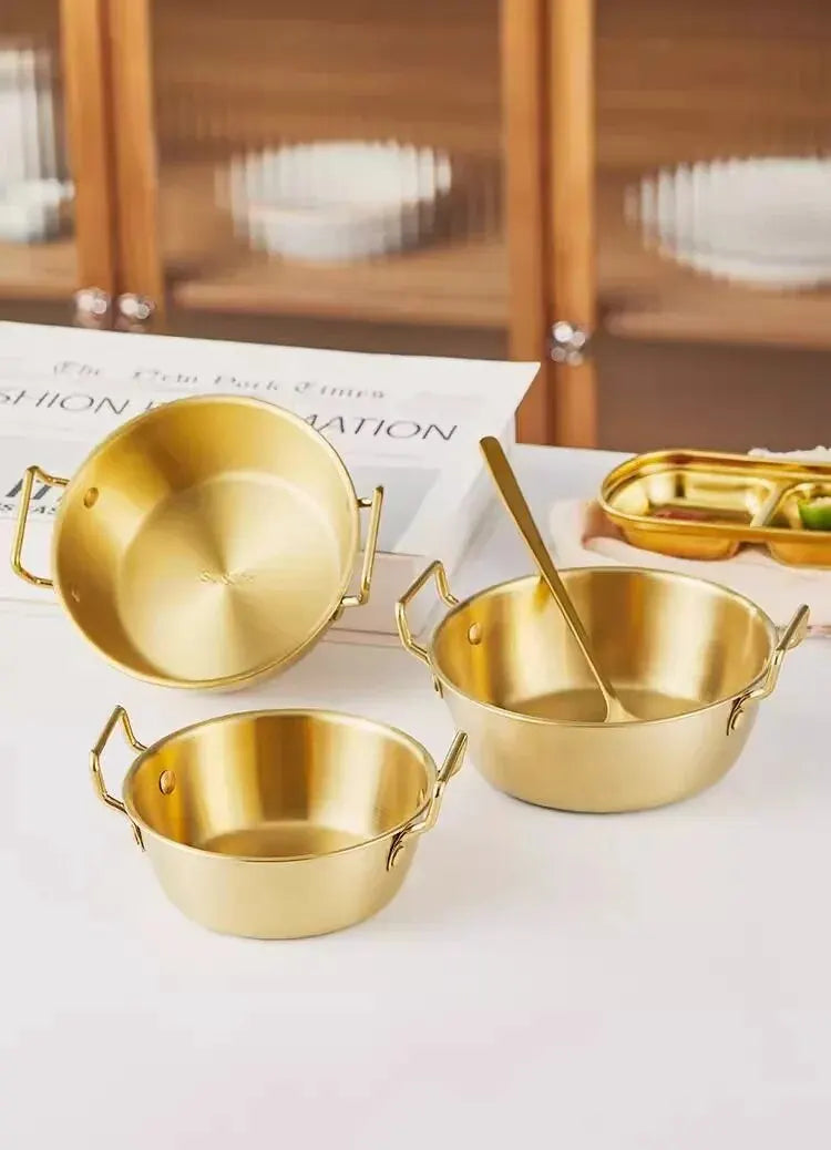 1pc 304 Stainless Steel Golden Instant Noodle Bowl Korean Rice Wine Bowl With Handle Salad Snack and French Fry Bowl