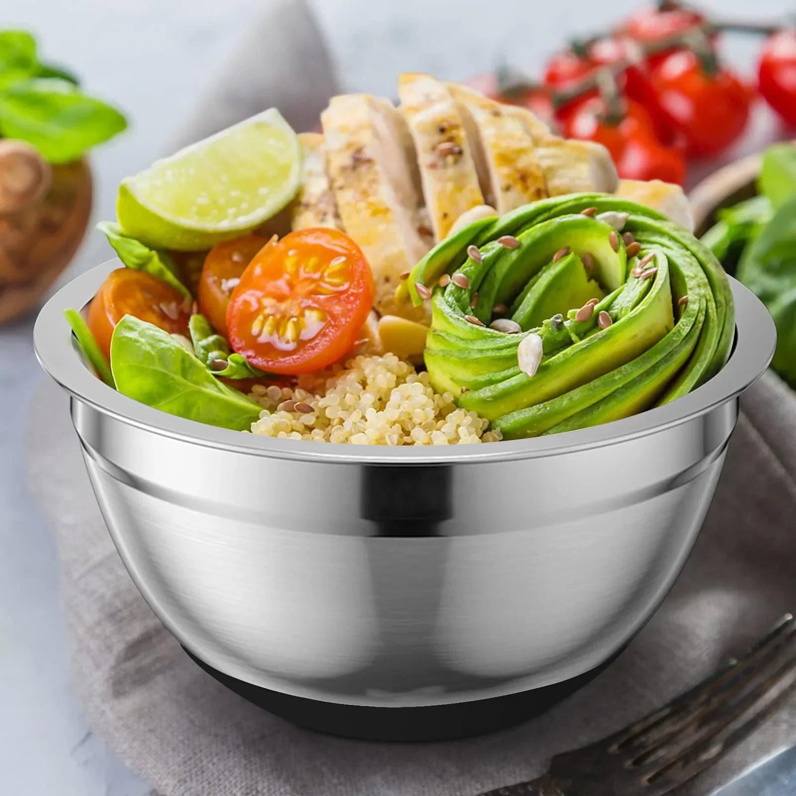 1/6PCS Silicone Bottom Thickened with Lid Cooking Basin Stainless Steel Egg Beating Basin Salad Mixing Basin Kitchen Baking