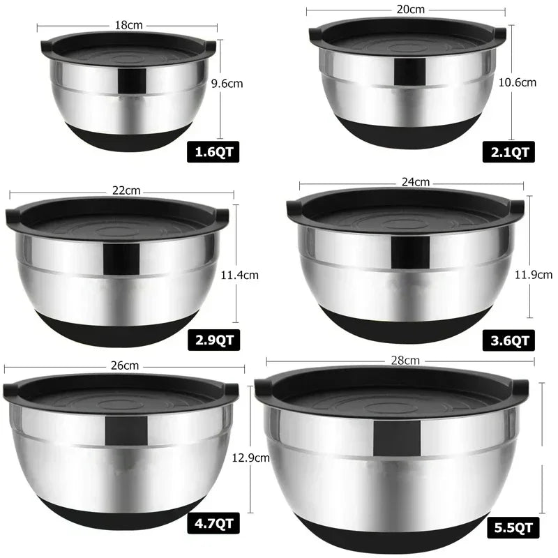 1/6PCS Silicone Bottom Thickened with Lid Cooking Basin Stainless Steel Egg Beating Basin Salad Mixing Basin Kitchen Baking