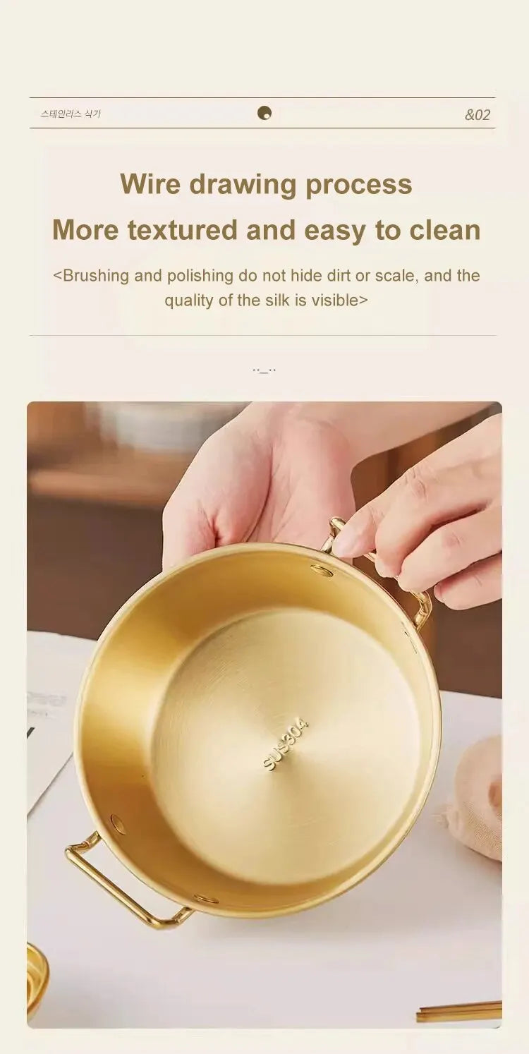 1pc 304 Stainless Steel Golden Instant Noodle Bowl Korean Rice Wine Bowl With Handle Salad Snack and French Fry Bowl