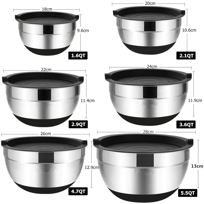 1/6PCS Silicone Bottom Thickened with Lid Cooking Basin Stainless Steel Egg Beating Basin Salad Mixing Basin Kitchen Baking
