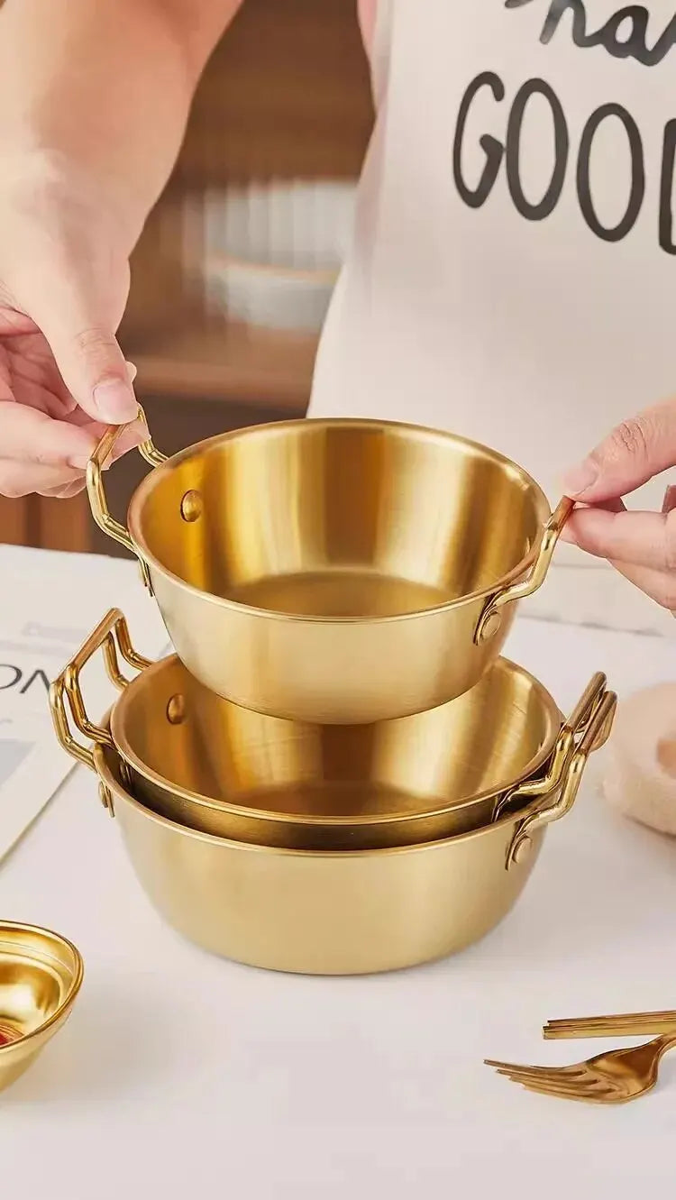 1pc 304 Stainless Steel Golden Instant Noodle Bowl Korean Rice Wine Bowl With Handle Salad Snack and French Fry Bowl