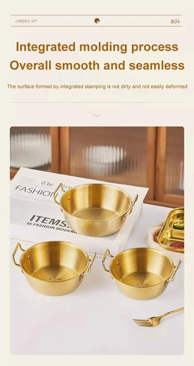 1pc 304 Stainless Steel Golden Instant Noodle Bowl Korean Rice Wine Bowl With Handle Salad Snack and French Fry Bowl