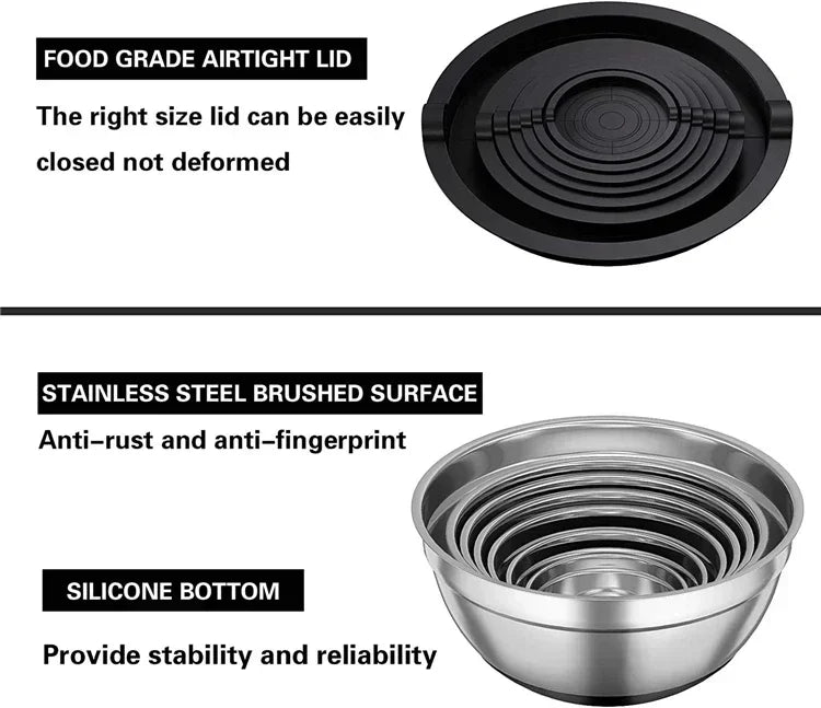1/6PCS Silicone Bottom Thickened with Lid Cooking Basin Stainless Steel Egg Beating Basin Salad Mixing Basin Kitchen Baking