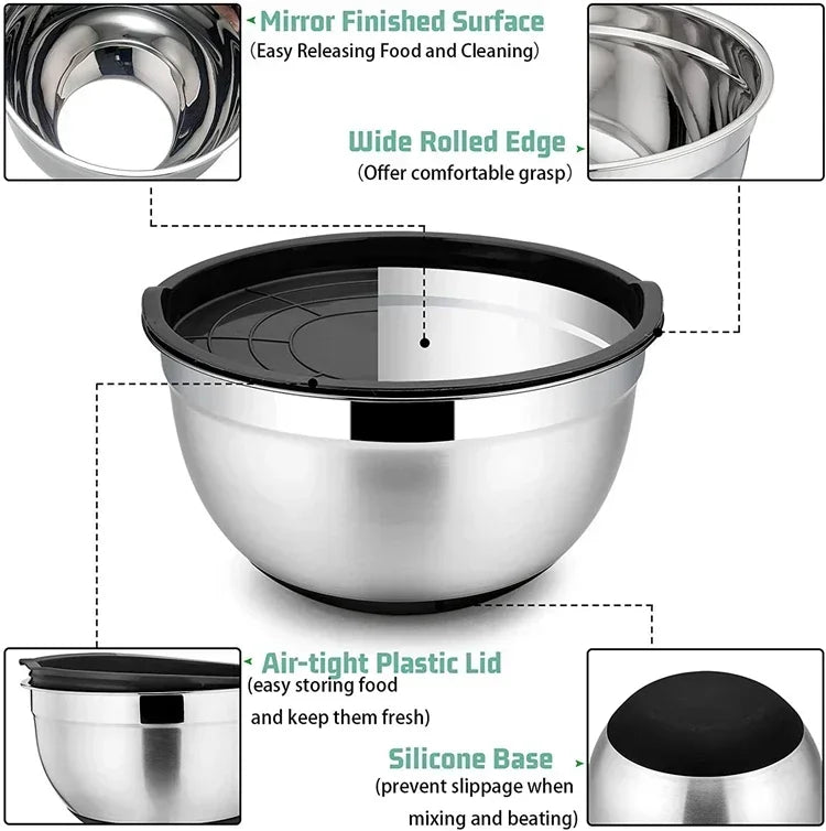 1/6PCS Silicone Bottom Thickened with Lid Cooking Basin Stainless Steel Egg Beating Basin Salad Mixing Basin Kitchen Baking
